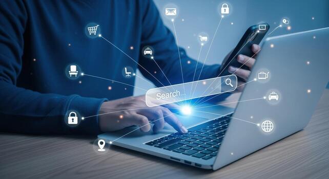 hombre utilizando ordenador portátil y móvil teléfono para en línea buscar con digital márketing íconos foto