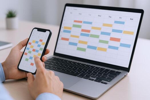 Scheduling on Laptop and Mobile Phone Person Planning Tasks and Events with Digital Calendar photo