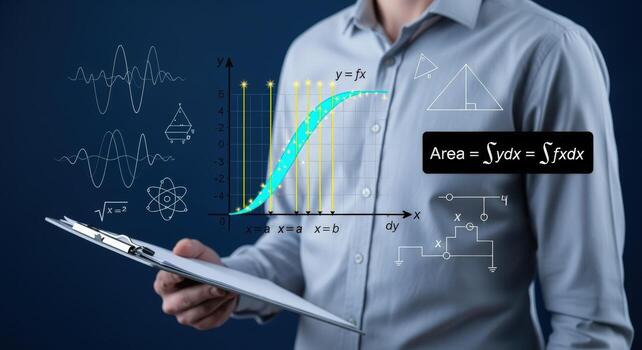 Man Holding Clipboard with Advanced Mathematical Equations and Graphs Overlayed for Business, Education, and Innovation photo