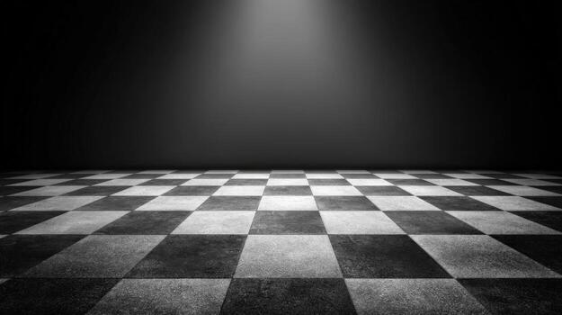 Dramatic Black and White Checkerboard Floor with Spotlight Effect for Product Display or Abstract Background photo