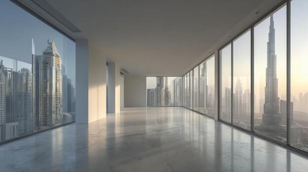 Modern Empty Office Space with Cityscape View, Featuring Large Windows and Polished Floors, Ideal for Commercial Use photo