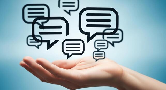 Hand Presenting Floating Speech Bubbles Communication, Feedback, and Online Discussion Concept photo