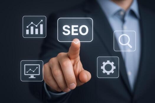 empresario seleccionando buscar motor mejoramiento opción en futurista interfaz para digital márketing estrategia foto