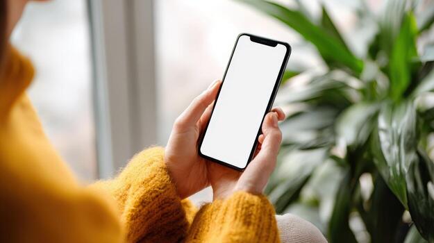 Woman Holding Mobile Phone with Blank Screen Display for App or UI Design Mockup photo