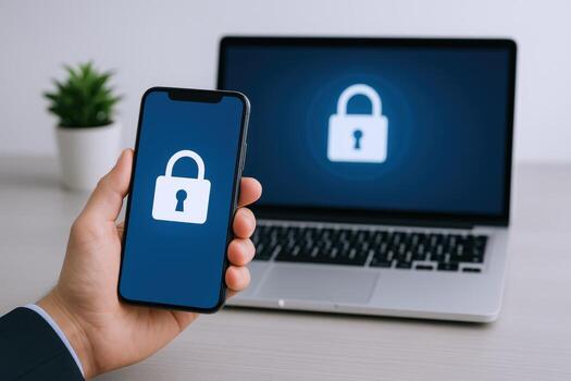 móvil y ordenador portátil seguridad hombre participación teléfono inteligente con bloquear símbolo, protegido computadora foto