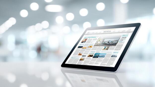 Digital Tablet Displaying Online Newspaper for Business News Updates and Modern Communication in Bright Office Environment photo