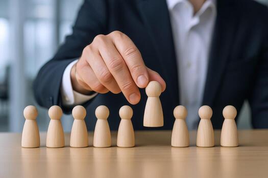 Selecting Talent Businessman Choosing a Wooden Figure from a Row of Candidates on a Desk photo