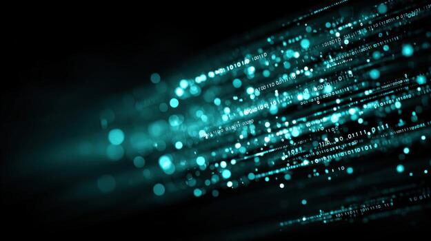 Abstract Visualization of Digital Data Stream with Glowing Particles and Binary Code, Technology Background photo