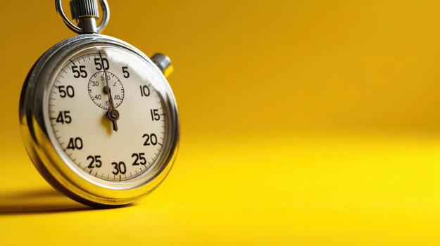 Analog Stopwatch on Yellow Background Deadline, Urgency, Punctuality, Time Management Concept photo