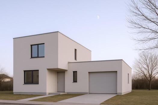 Modern Cubic House Exterior with Garage Minimalist Architecture and Design on a Sunny Day photo