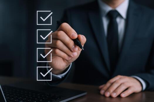 Business Professional Completing Checklist with Pen, Indicating Tasks Completed, Goals Reached and Successful Outcomes photo