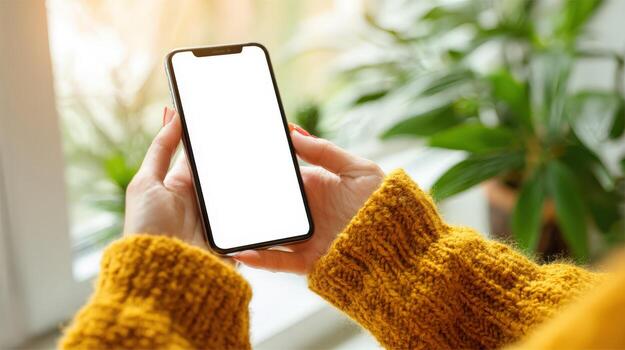 Person Using Smartphone with Blank Screen Mockup in Home Environment for App Design photo