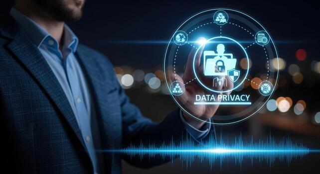 Data Privacy Protection Technology Concept Businessman Interacting with Digital Interface for Secure Information Management photo