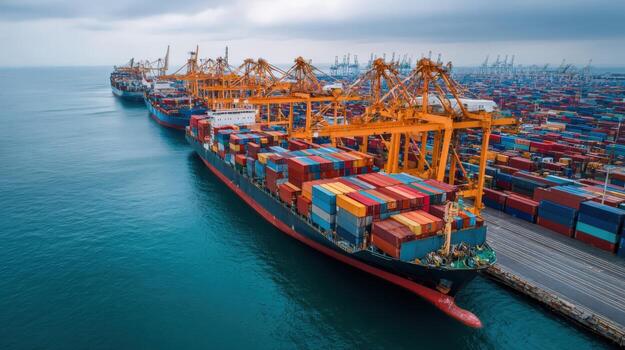 Container Ship at Port Terminal Loading with Cranes, Global Trade and Logistics Transportation photo