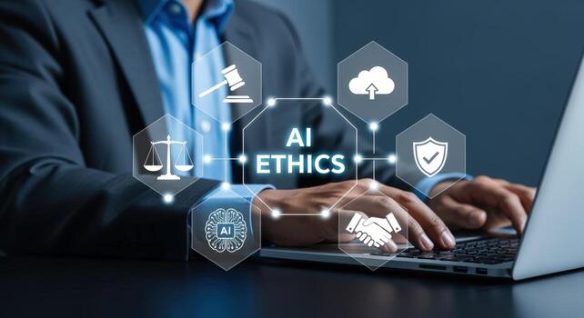 AI Ethics Concept Businessman Working on Laptop with Digital Icons Representing Ethical AI Principles photo