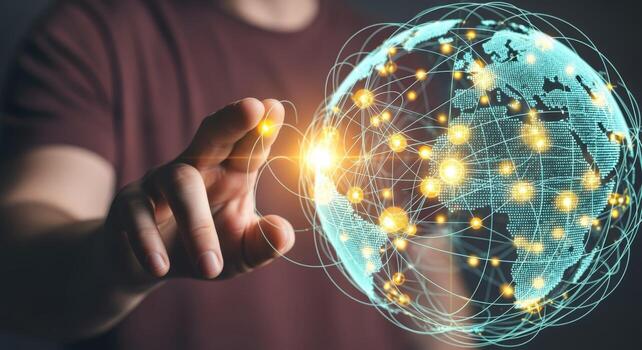 Global Network Connection Man Interacting with Digital Globe Representing Connectivity and Worldwide Communication photo