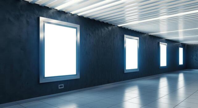 Blank White Canvas in Modern Gallery Space with Dim Lighting Ideal for Mockup photo