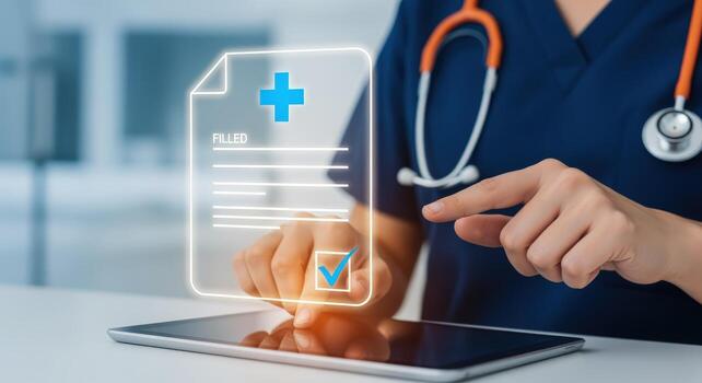 Healthcare Professional Interacting with Digital Medical Record on Tablet for Efficient Patient Management and Data Access photo