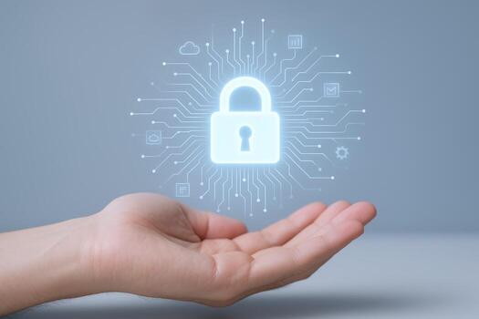 datos proteccion concepto mano presentación un brillante candado icono, representando la seguridad cibernética y seguro información foto