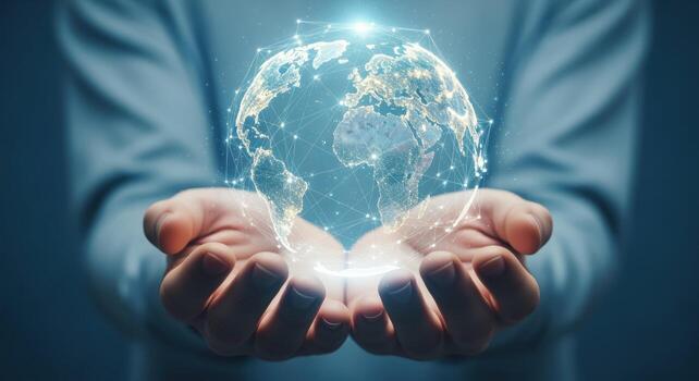 Global Network Connection Hands Holding Digital Earth Hologram Representing Connectivity, Technology, and Worldwide Communication photo