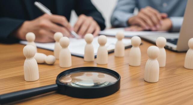 Talent Acquisition Wooden Figures Representing Candidates Evaluated with Magnifying Glass During Recruitment Process, Illustrating HR and Hiring Concepts photo