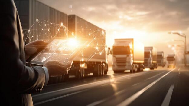 Logistics Management with Modern Technology Fleet of Trucks and Digital Connectivity on Highway photo