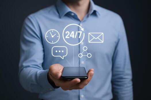 247 cliente Servicio y apoyo concepto hombre participación teléfono con digital iconos, representando conectividad y asistencia foto