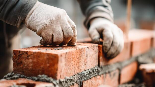 Bricklayer Constructing Brick Wall with Mortar, Wearing Gloves for Protection in a Building Construction Site photo