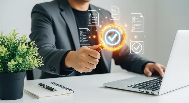 Auditing and Compliance Concept Businessman Using Magnifying Glass to Verify Digital Documents on Laptop photo