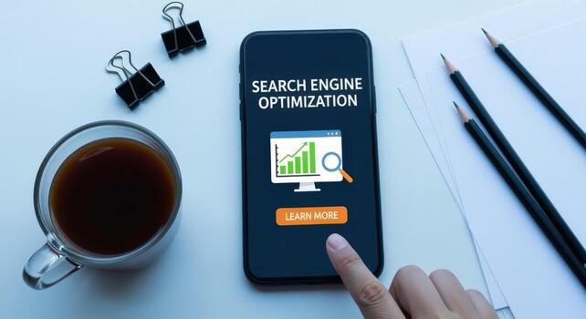 Mobile SEO Strategy Hand Interacting with Smartphone Displaying Search Engine Optimization Concept on White Desk photo