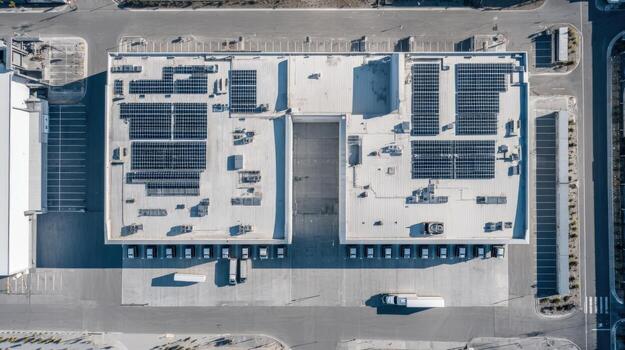 Aerial View of a Commercial Building with Solar Panels and Loading Docks, showcasing sustainability and modern infrastructure photo