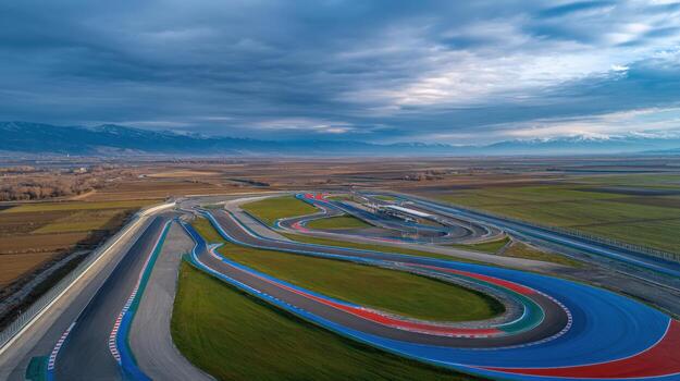 Aerial View of a Racetrack on a Cloudy Day Surrounded by Fields and Distant Mountains photo