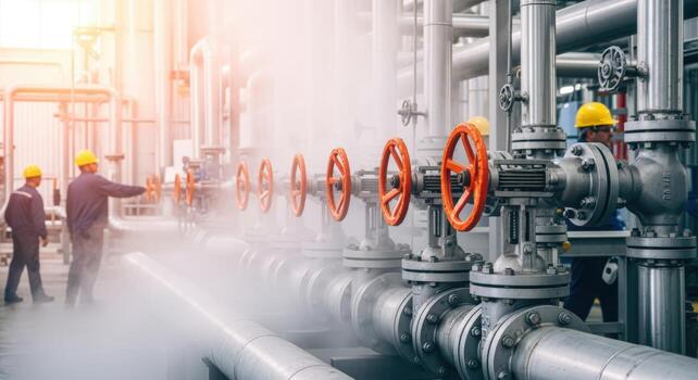 Industrial Plant Operations Workers Inspecting Pipeline Valves and System Maintenance in a Factory Setting photo