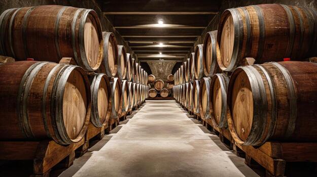 Wine Cellar with Rows of Oak Barrels Aging Wine, Representing Winemaking Traditions and the Art of Fermentation photo