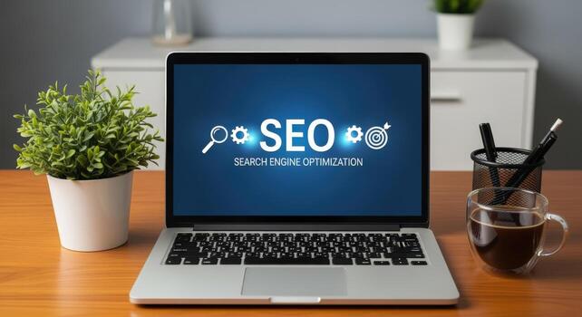 Search Engine Optimization Displayed on Laptop Screen with Coffee Cup and Potted Plant on Desk photo