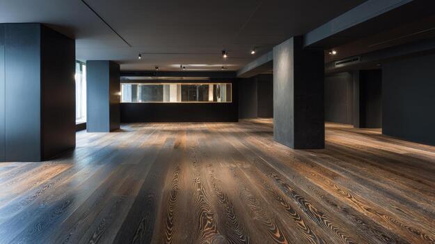 Modern Interior Design with Dark Walls and Wood Flooring in Spacious Empty Room photo