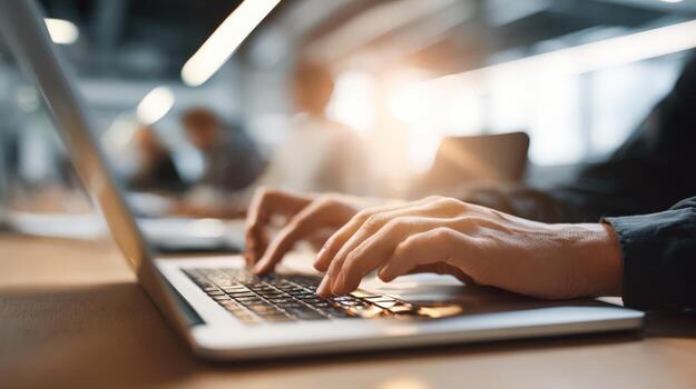 Hands Typing on Laptop in Office, Close-up of Fingers on Keyboard, Modern Workplace photo