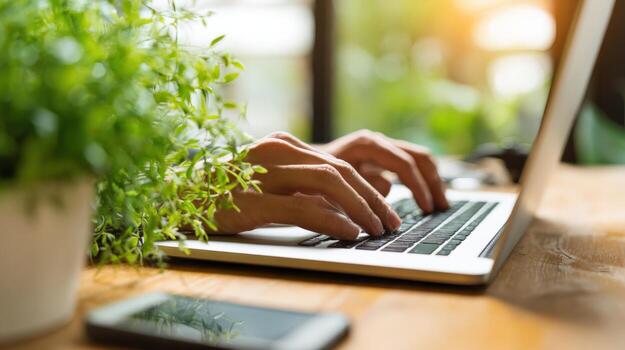 Typing on Laptop Computer at Bright Desk with Greenery, Focus on Hands, Remote Work photo