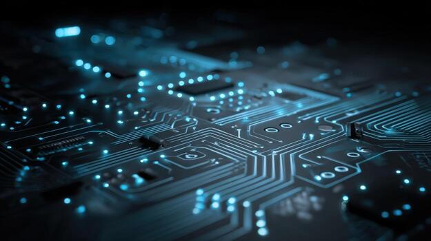 Futuristic Circuit Board Design with Glowing Blue Lights, High-Tech Innovation and Digital Connectivity photo