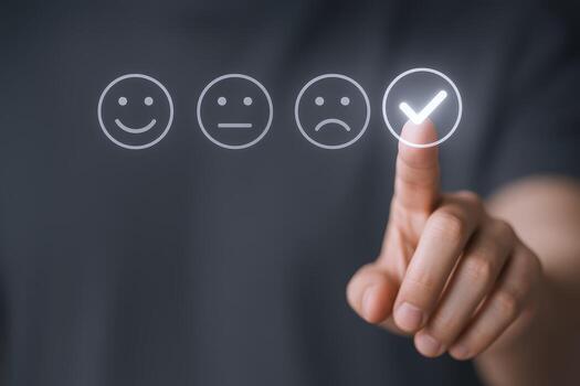 Customer Experience Survey Hand Selecting Positive Feedback on Digital Interface, Rating Satisfaction Level photo