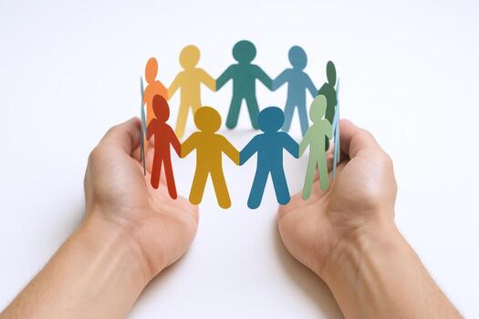 Paper People Chain in Hands Unity, Diversity, Community Concept on White Background for Global Solidarity photo