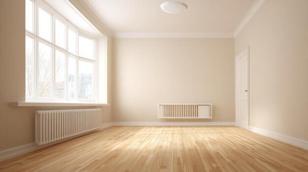Bright, Empty Room Interior with Hardwood Floors, Large Window, and Neutral Walls for Design Mockups photo