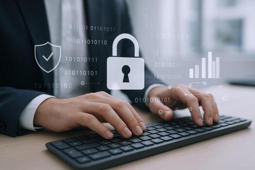 la seguridad cibernética profesional mecanografía en teclado con candado, proteger y bar gráfico superposiciones para datos seguridad foto