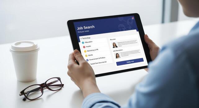 Job Search App on Tablet with Professional Woman Using It in Office Setting photo