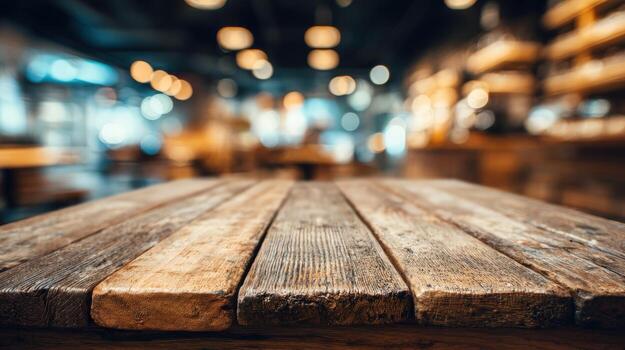 Rustic Wooden Tabletop with Blurred Restaurant Background, Perfect for Food Display and Product Mockups photo