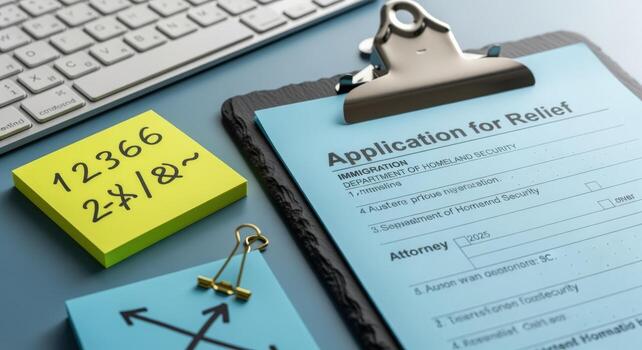 Application for Relief Form on Clipboard with Keyboard, Notes - Immigration Document Concept photo