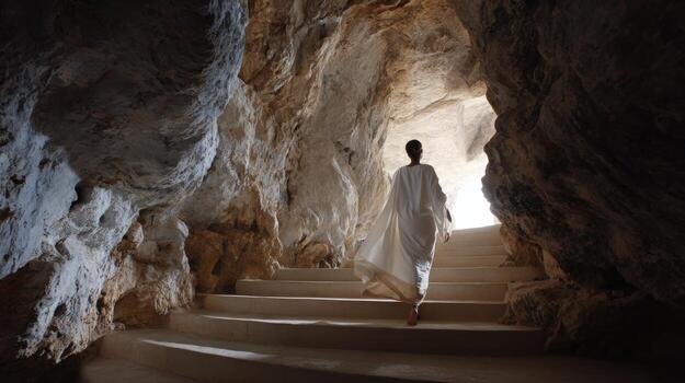 Figure Walking from Cave Towards Light Symbol of Hope, Freedom, and New Beginnings photo