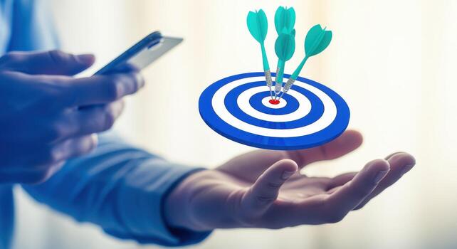 Achieving Business Goals Target Board Hovering Over Hand Using a Mobile Device, Strategy, and Success photo