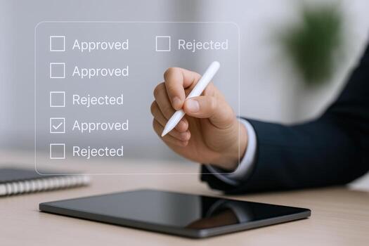Digital Approval Workflow Businessman Ticking Approved Box on Virtual Checklist Using Tablet and Stylus photo