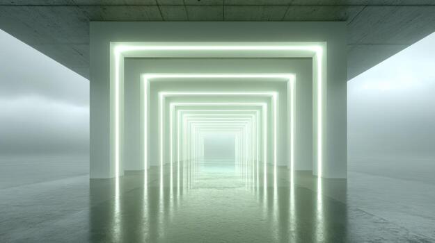 Abstract Illuminated Tunnel Geometric Shapes in a Modern Architecture, Glowing Light Passage with Perspective View photo